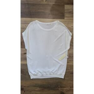 Cyrus Blouse Womens S Semi Sheer White Short Sleeve Banded Waist Top FLAW